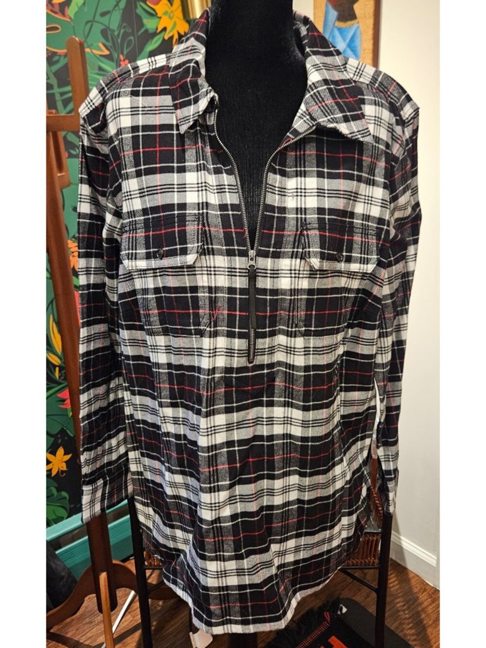 NEW Chaps Women's 2X Black/White/Red Plaid Half Zip Cotton Flannel Shirt Pockets